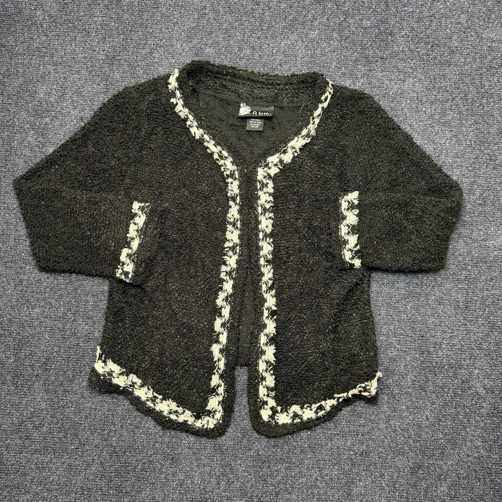 Y2K L.A. Kitty Cardigan Sweater Womens Medium Black Fringe Trim Open Chunky Knit